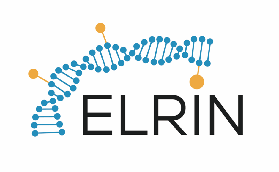 Eine stilisierte Darstellung einer DNA-Doppelhelix mit blauen Punkten, die durch Linien verbunden sind, und drei orangefarbene Kreise, die durch Linien mit der Helix verbunden sind.