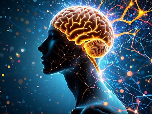 KI-generierte Darstellung eines Menschen mit leuchtendem Gehirn und Nervenverbindungen im Hintergrund