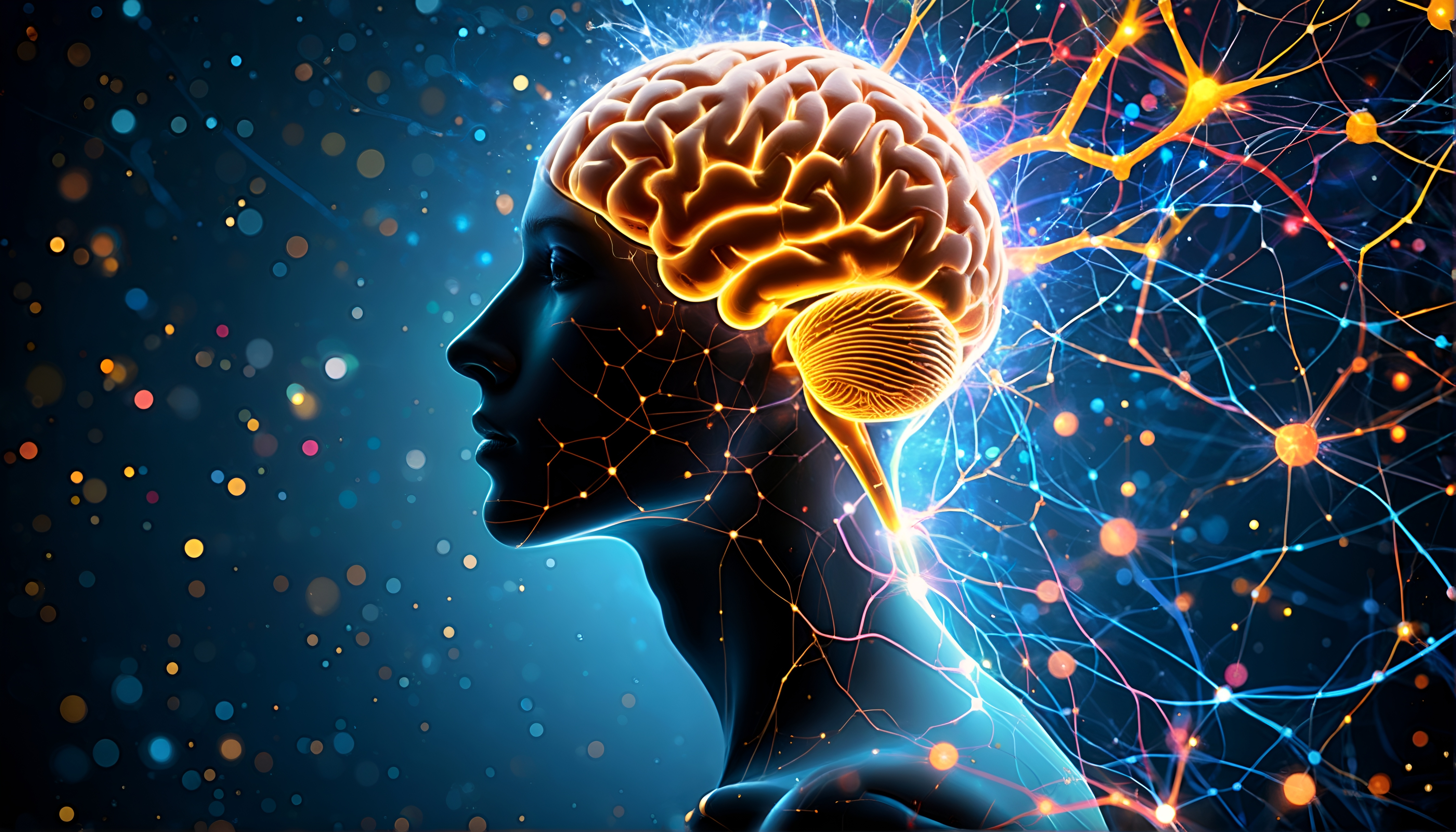 KI-generierte Darstellung eines Menschen mit leuchtendem Gehirn und Nervenverbindungen im Hintergrund